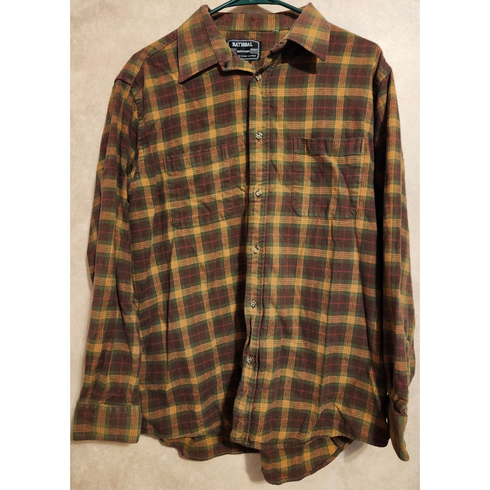 National Outfitters Mens Large Flannel Shirt Plaid Green Orange Brown Cotton L